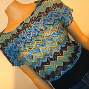 L8ter, size L, black, blue, and beige knit shirt